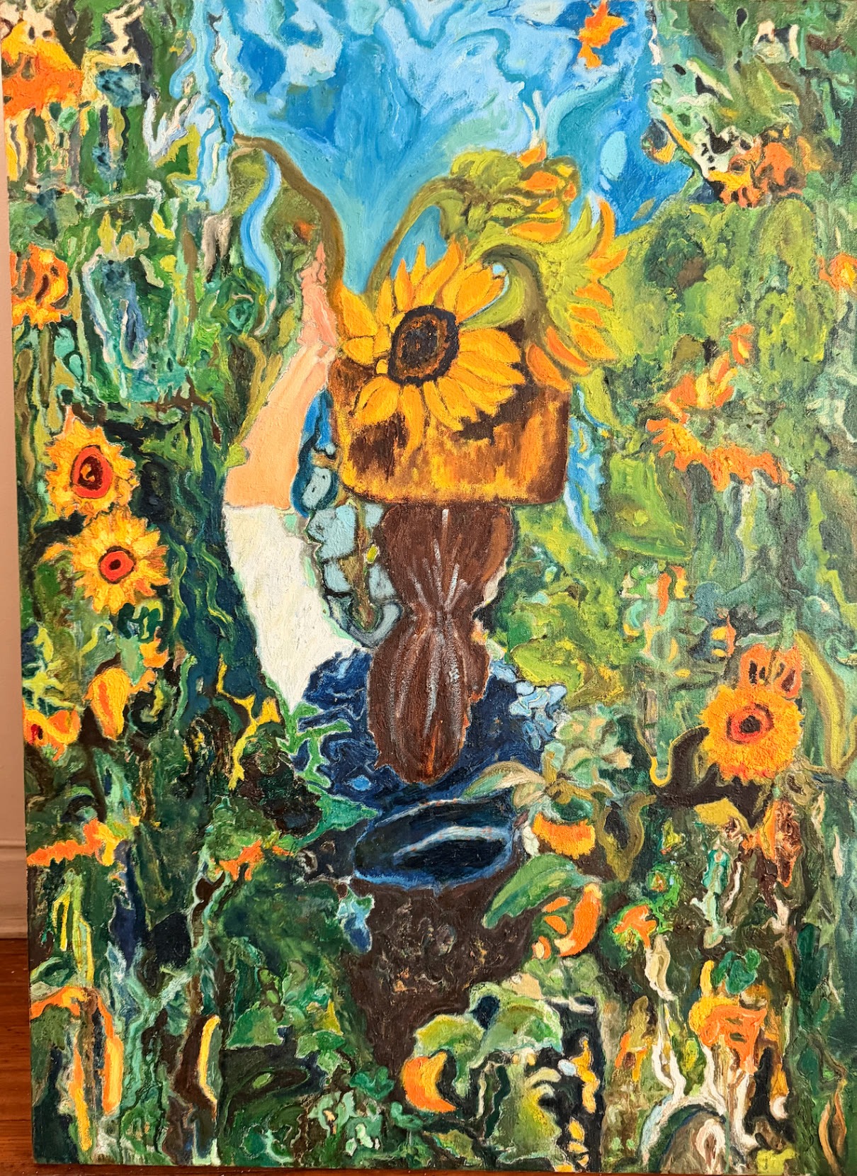 Figure carrying a basket of cut sunflowers through a dense green garden, painted in thick oil on linen